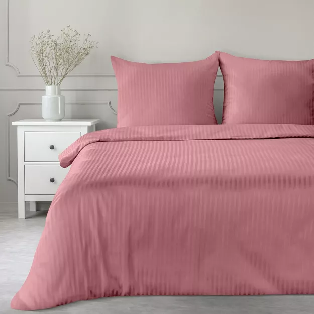 Pościel satynowa 220x200 VERA jednokolorowa gładka różowa w prążki