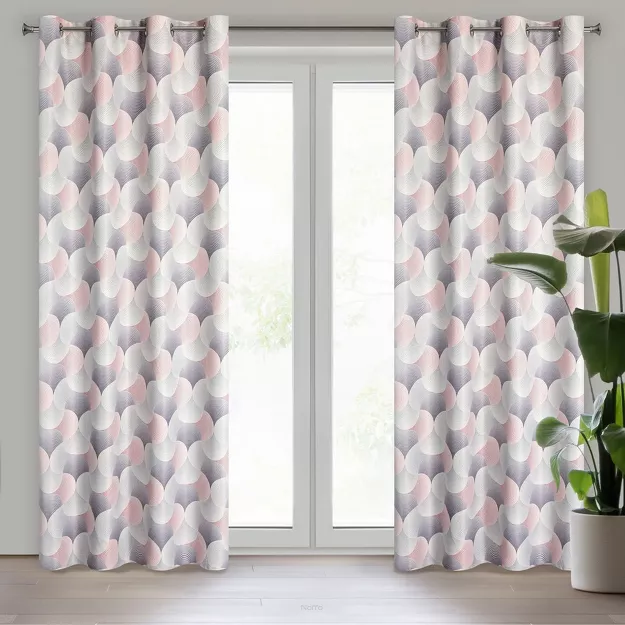 Zasłona na przelotkach 140x250 ASETA zaciemniająca srebrna z geometrycznym różowym wzorem