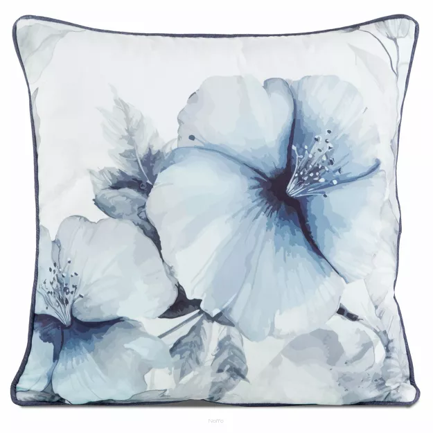 Poszewka welwetowa 45x45 VELVET 141 niebieska z designerskim kremowym wzorem botanicznym obszyta lamówką