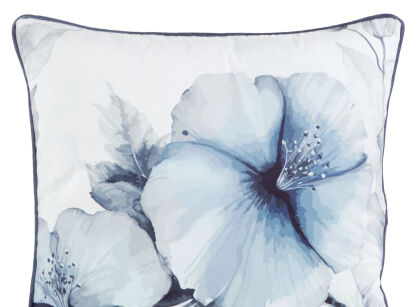 Poszewka welwetowa 45x45 VELVET 141 niebieska z designerskim kremowym wzorem botanicznym obszyta lamówką