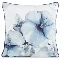 Poszewka welwetowa 45x45 VELVET 141 niebieska z designerskim kremowym wzorem botanicznym obszyta lamówką