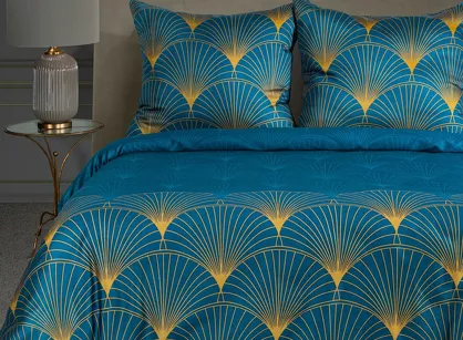 Pościel z makosatyny 160x200 LOTOS 1 turkusowa ze złotym nadrukiem wachlarzy Limited Collection