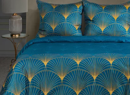 Pościel z makosatyny 160x200 LOTOS 1 turkusowa ze złotym nadrukiem wachlarzy Limited Collection