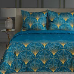 Pościel z makosatyny 160x200 LOTOS 1 turkusowa ze złotym nadrukiem wachlarzy Limited Collection