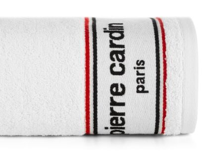 Ręcznik KARL 70x140 KARL Pierre Cardin biały zdobiony kontrastową bordiurą z napisami Pierre Cardin