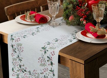 Bieżnik świąteczny 45x140 1313 gobelinowy z szenili naturalny zielony wzór świąteczny