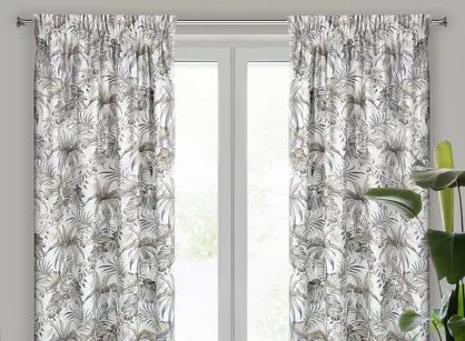 Zasłona na taśmie 140x270 RODOS welwetowa biała ze srebrnym nadrukiem beżowych egzotycznych liści Design 91