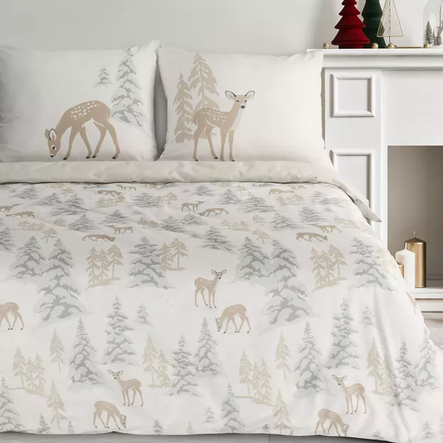 Pościel świąteczna 140x200 FAWN biało beżowa wzór sarenek z bawełny renforce