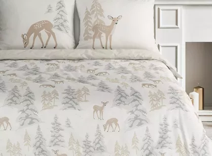 Pościel świąteczna 140x200 FAWN biało beżowa wzór sarenek z bawełny renforce