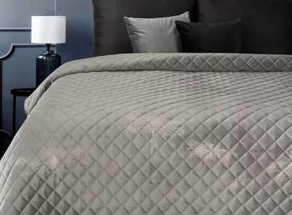 Narzuta welwetowa 170x210 LORI srebrna pikowana z motywem ważki