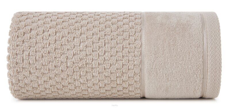 Ręcznik bawełniany 70x140 FRIDA beżowy z fakturą kosteczki i szeroką welurową bordiurą