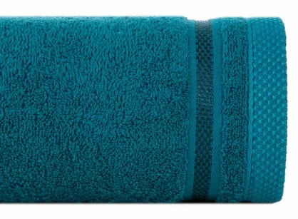 Ręcznik bawełniany 100x150 ABBIE turkusowy z żakardową błyszczącą bordiurą w pasy z delikatną krateczką