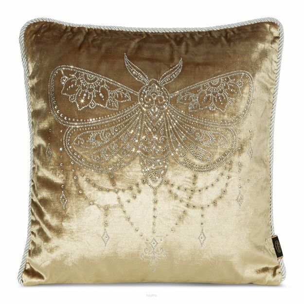 Poszewka welwetowa 45x45 ROYAL 8 miodowa zdobiona motylem w kryształki i obszyta srebrnym sznurkiem