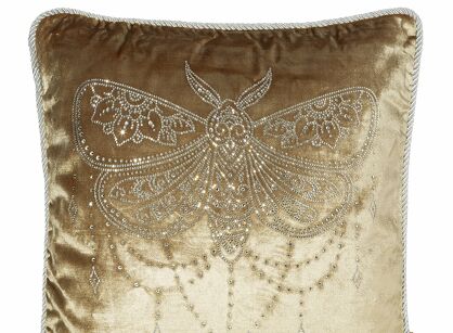 Poszewka welwetowa 45x45 ROYAL 8 miodowa zdobiona motylem w kryształki i obszyta srebrnym sznurkiem
