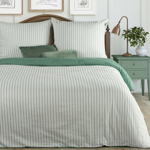 Pościel satynowa 140x200 RAYA biała miętowa w paseczki