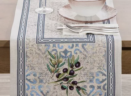 Bieżnik gobelinowy 40x100 4094 naturalny niebieski gałązka oliwna