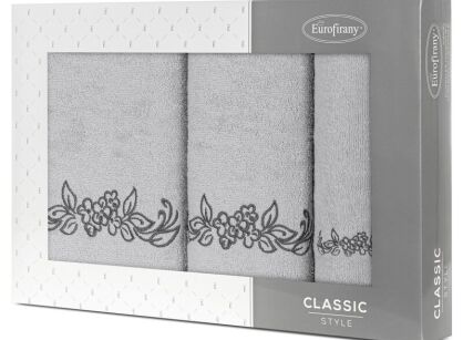 Komplet ręczników 3 szt. CLAVIA srebrne z haftowanym grafitowym wzorem roślinnym w kartonowym pudełku