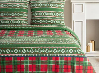 Pościel świąteczna 140x200 AURORA czerwono zielona wzór skandynawski z flaneli