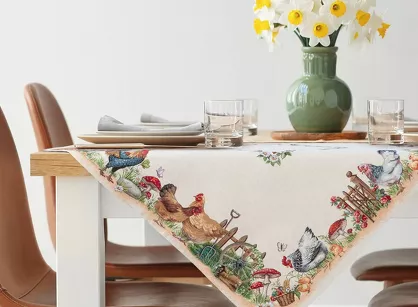 Nakładka wielkanocna 100x100 1287 gobelinowa naturalna czerwona kurki