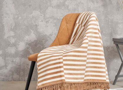 Koc bawełniany 150x200 2147-3 beżowy plażowe paseczki z frędzlami