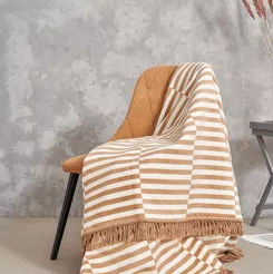 Koc bawełniany 150x200 2147-3 beżowy plażowe paseczki z frędzlami