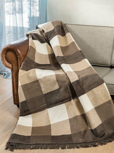 Koc bawełniany 150x200 1229-1 beżowy brązowy w kratę z frędzlami