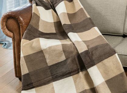 Koc bawełniany 150x200 1229-1 beżowy brązowy w kratę z frędzlami