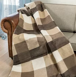 Koc bawełniany 150x200 1229-1 beżowy brązowy w kratę z frędzlami