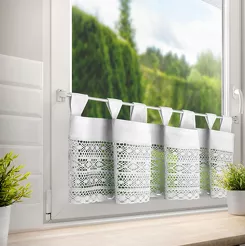 Zazdrostka na szelkach 150x35 MADDELINE biała z bawełny zdobiona ażurowym geometrycznym wzorem