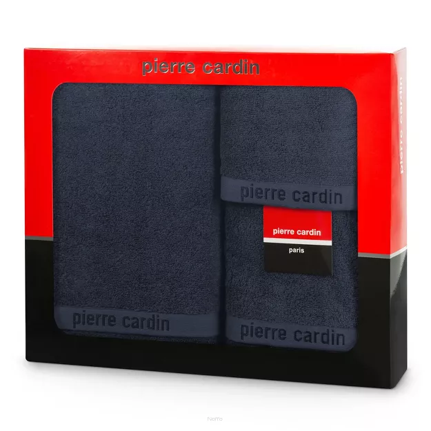 Komplet ręczników EVI Pierre Cardin granatowe zdobione bordiurą w kolorze ręcznika z logo marki z kolekcji Premium