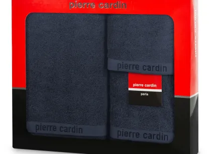 Komplet ręczników EVI Pierre Cardin granatowe zdobione bordiurą w kolorze ręcznika z logo marki z kolekcji Premium