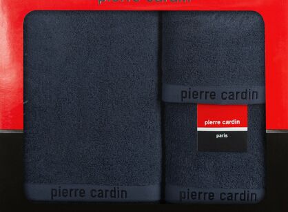 Komplet ręczników EVI Pierre Cardin granatowe zdobione bordiurą w kolorze ręcznika z logo marki z kolekcji Premium