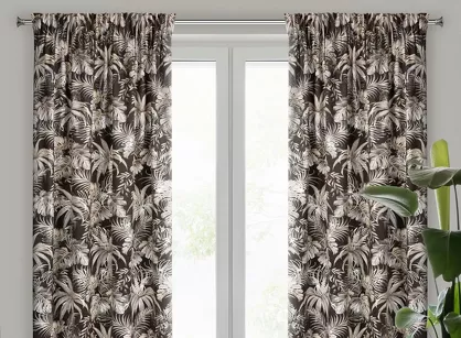 Zasłona na taśmie 140x270 RODOS welwetowa czarna ze srebrnym nadrukiem beżowych egzotycznych liści Design 91