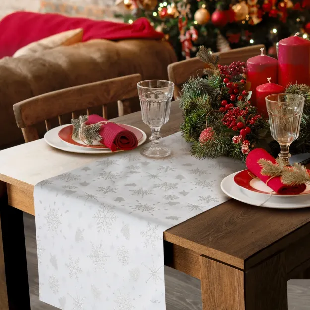 Bieżnik świąteczny 40x180 FLASH 10 z bawełny szampański z wzorem świątecznym z wplecioną nicią jasnozłotą