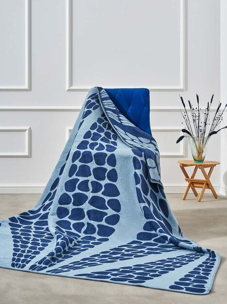 Koc bawełniany 150x200 2138-1 niebieski gemetryczna lilia wykończony szydełkiem