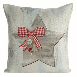 Poszewka świąteczna 45x45 4067 gobelinowa popielata z czerwonymi kokardkami i połyskującą srebrną nicią