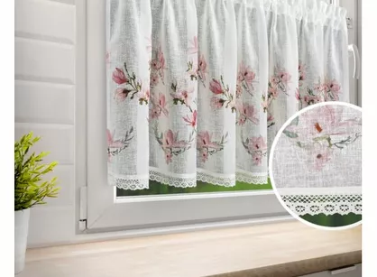 Zazdrostka gotowa w tunelu 150x60 AMELIA biała z etaminy z wzorem różowych kwiatów magnolii i bawełnianą koronką