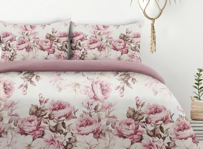 Pościel z mikrowłókna 160x200 PEONY 1 kremowa z nadrukiem różowych piwonii Design 91