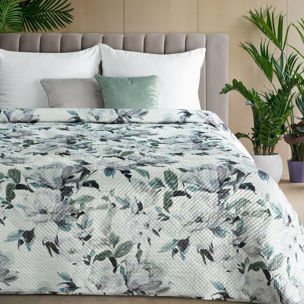 Narzuta pikowana 170x210 LOTI biała oliwkowo srebrna wzór kwiatowy Design 91