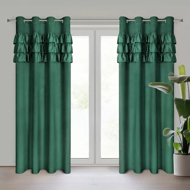 Zasłona na przelotkach 140x250 SAMI welwetowa ciemna zieleń jednokolorowa zdobiona w górnej części falbanami i taśmą z cyrkoniami