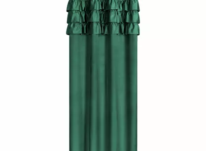 Zasłona gotowa na przelotkach 140x250 SAMI welwetowa ciemna zieleń jednokolorowa zdobiona w górnej części falbanami i taśmą z cyrkoniami