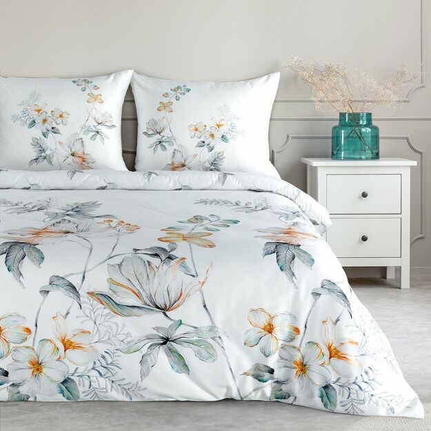 Pościel z makosatyny 220x200 AMELIA biała popielata wzór kwiatowy dwustronna Premium