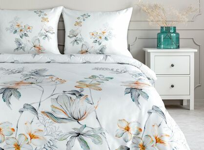 Pościel z makosatyny 220x200 AMELIA biała popielata wzór kwiatowy dwustronna Premium