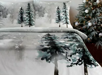 Pościel świąteczna 140x200 FOREST biała jasno szara zimowa sceneria z satyny bawełnianej