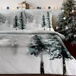 Pościel świąteczna 140x200 FOREST biała jasno szara zimowa sceneria z satyny bawełnianej