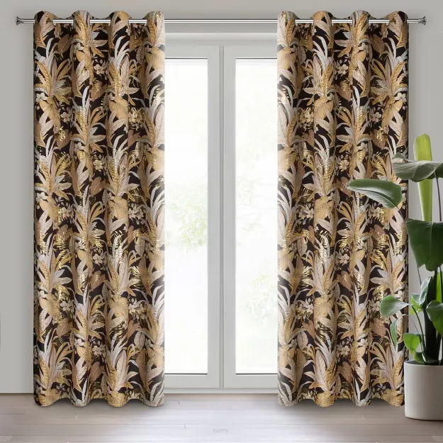 Zasłona na przelotkach 140x250 ADEL welwetowa czarna ze złotym nadrukiem na tle egzotycznych wyrazistych liści
