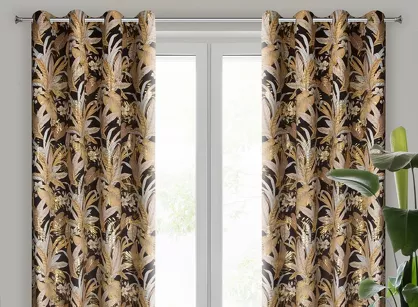 Zasłona na przelotkach 140x250 ADEL welwetowa czarna ze złotym nadrukiem na tle egzotycznych wyrazistych liści