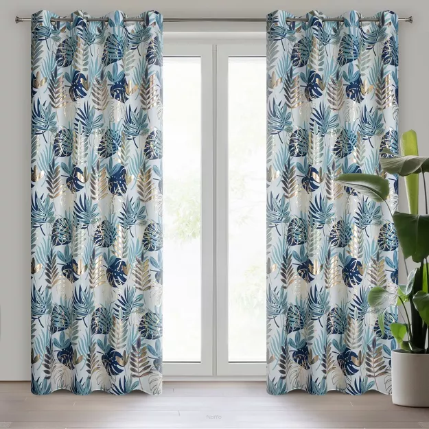 Zasłona na przelotkach 140x250 MALTA granatowa ze złotym nadrukiem botanicznym