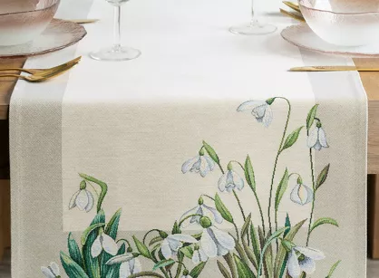 Bieżnik gobelinowy 45x140 1300 naturalny zielony z nadrukiem przebiśniegów