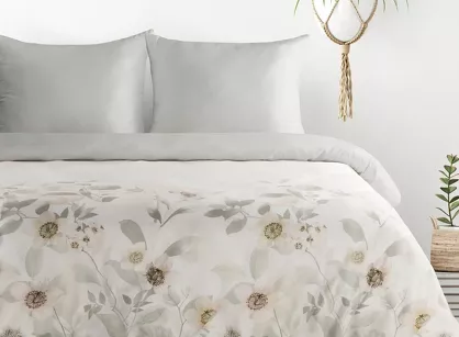 Pościel z mikrowłókna 160x200 AGGIE biała srebrna wzór kwiatowy Design 91